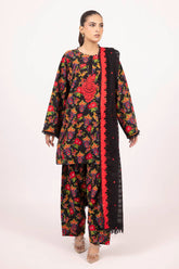 3 Piece Unstitched Printed Embroidered Khaddar Shirt with Embroidered Stripe Khaddar Dupatta K-52010