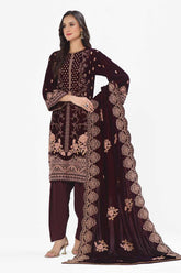 3 Piece Unstitched Embroidered Velvet Suit with Embroidered Velvet Dupatta WV-42006