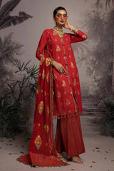 3 Piece Embroidered Gold and Lacquer Printed Lawn Suit with Cotton Net Dupatta CN-32026