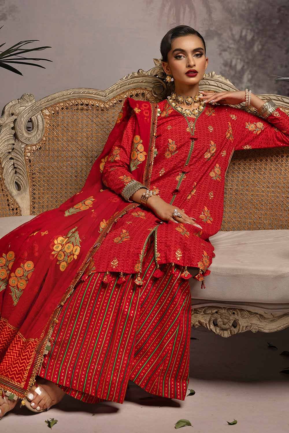 3 Piece Embroidered Gold and Lacquer Printed Lawn Suit with Cotton Net Dupatta CN-32026