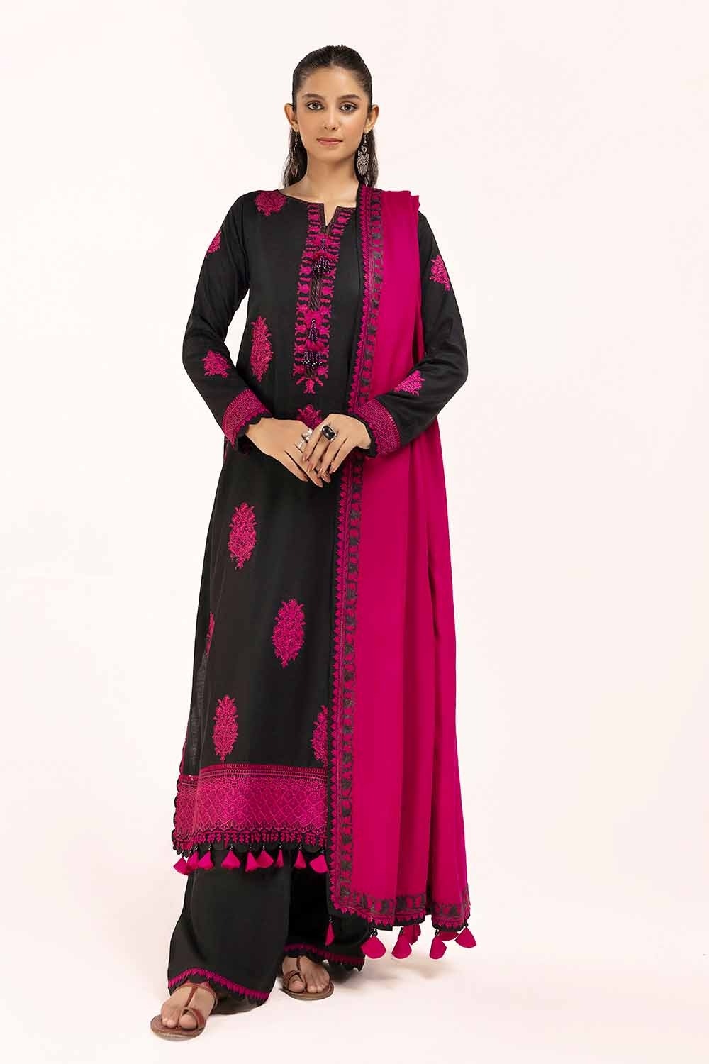 3 Piece Unstitched Embroidered Acrylic Suit with Embroidered Pashmina Dupatta AP-42016
