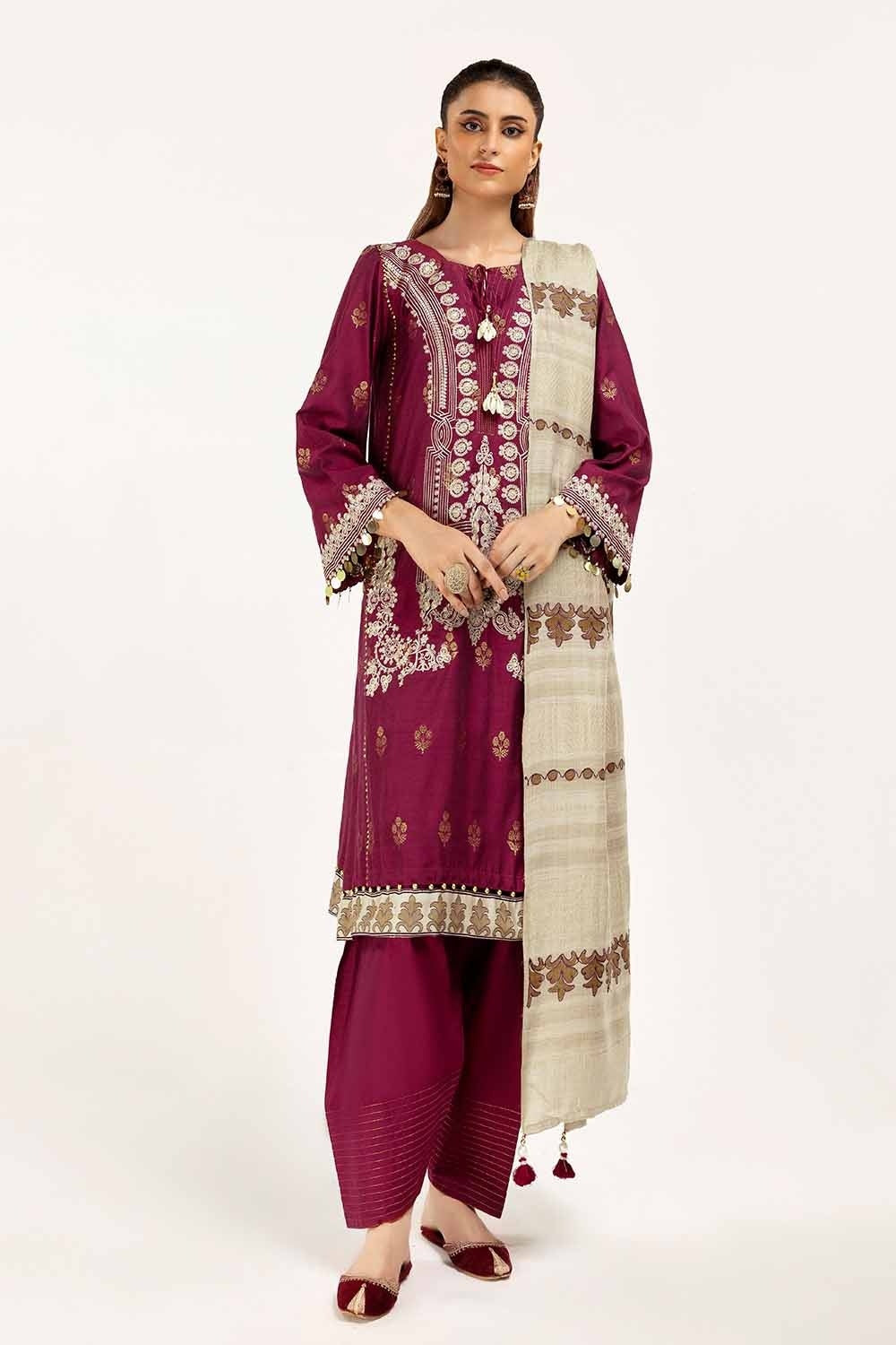 3 Piece Unstitched Embroidered Jacquard Suit with Embroidered Pashmina Dupatta AP-42019