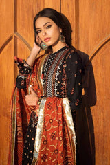 3 Piece Embroidered Printed Lawn Unstitched Suit with Gold Lacquer Printed Chiffon Dupatta BM-42011