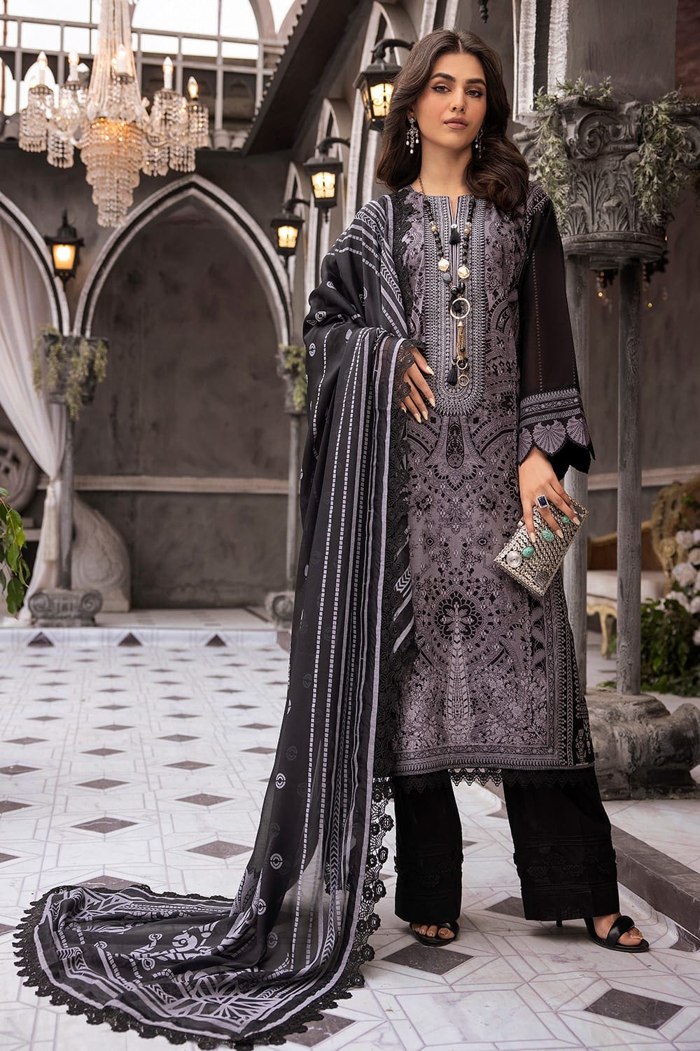 3 Piece Embroidered Printed Lawn Unstitched Suit with Burnout Tissue Silk Dupatta BN-42002