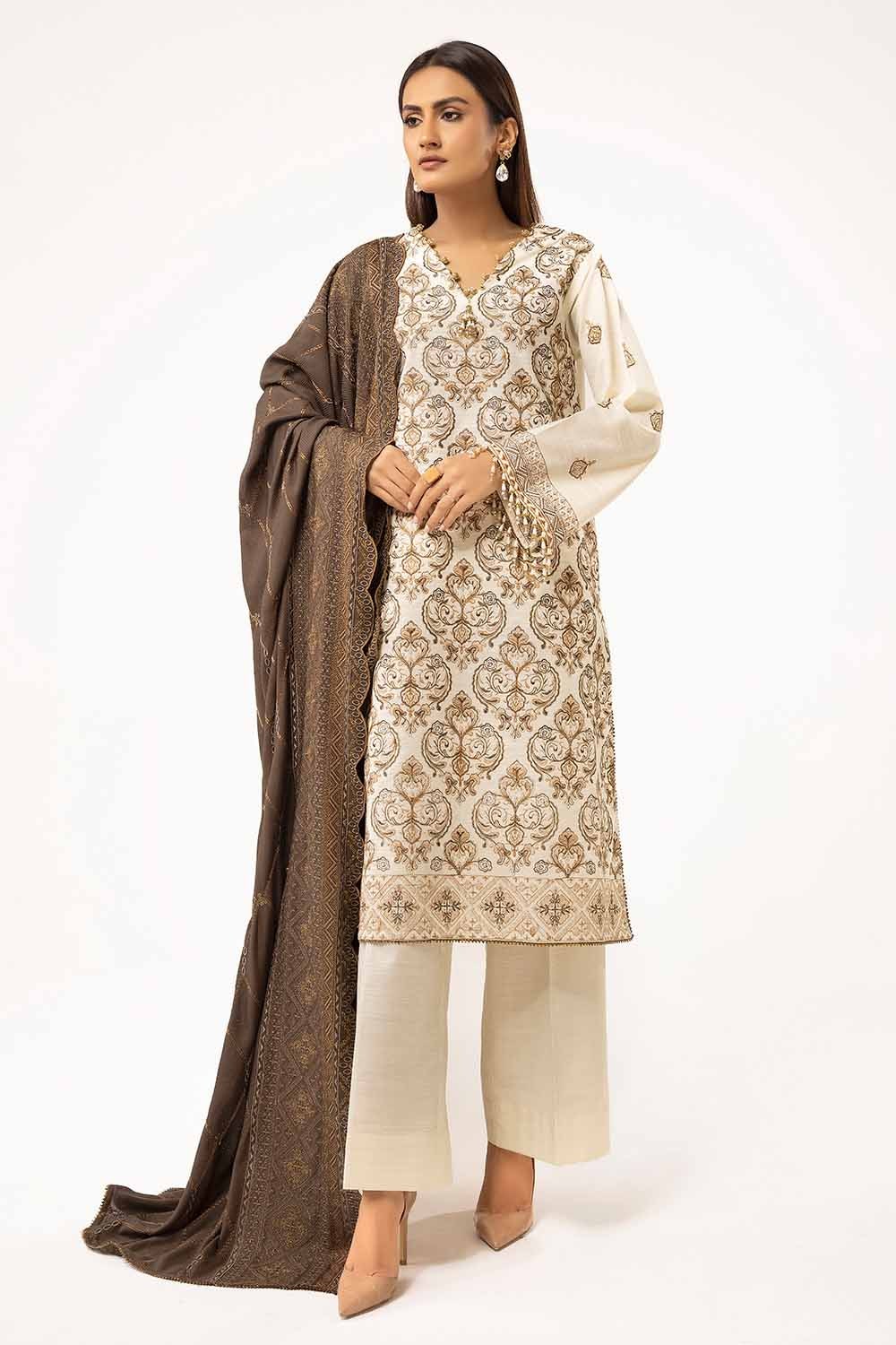 3 Piece Unstitched Embroidered Khaddar Suit with Twill Cotton Linen Dupatta CV-42011