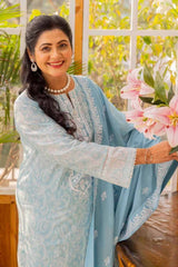 3 Piece Embroidered Printed Lawn Unstitched Suit with Embroidered Denting Lawn Dupatta DN-42023