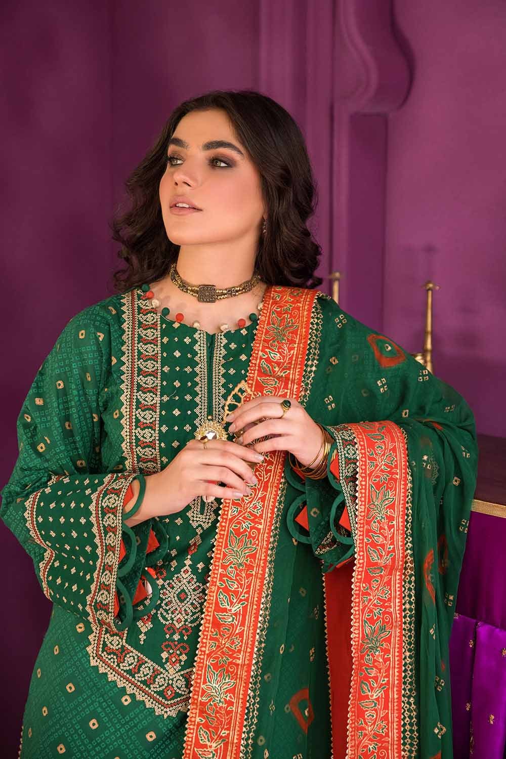 3 Piece Embroidered Chunri Lawn Unstitched Suit With Chiffon Gold and Lacquer Printed Dupatta BM-32015