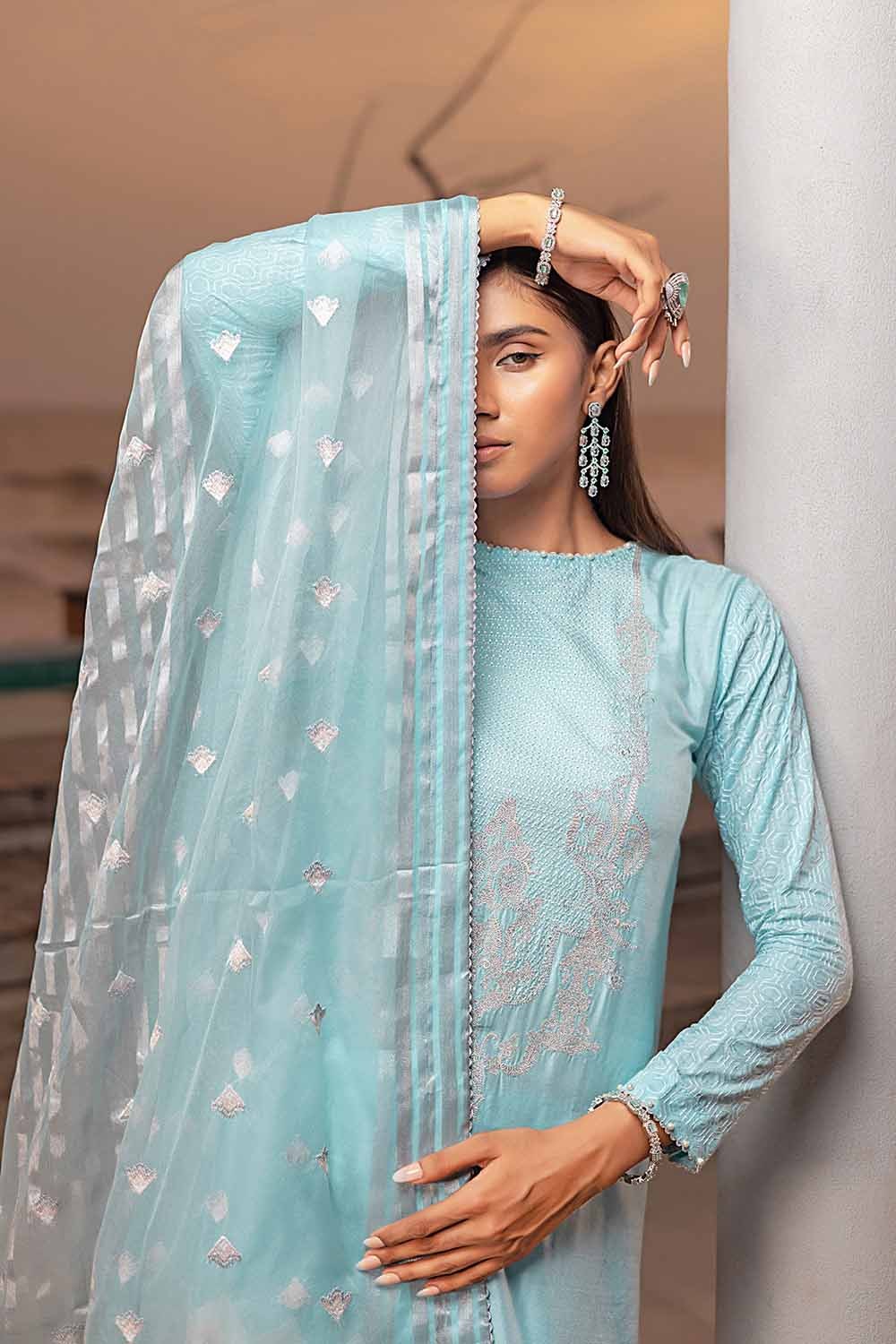 3 Piece Embroiderd Cotton Silk Unstitched Suit with Embroidered Organza Stripe Dupatta PM-32070