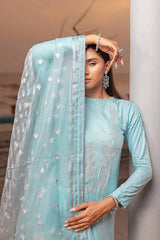 3 Piece Embroiderd Cotton Silk Unstitched Suit with Embroidered Organza Stripe Dupatta PM-32070