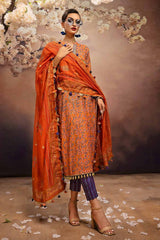 3 Piece Embroidered Gold and Lacquer Printed Lawn Suit with Cotton Net Dupatta CN-32028