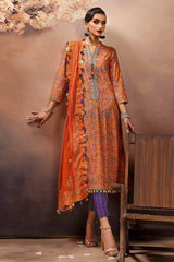 3 Piece Embroidered Gold and Lacquer Printed Lawn Suit with Cotton Net Dupatta CN-32028