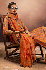 3 Piece Embroidered Gold and Lacquer Printed Lawn Suit with Cotton Net Dupatta CN-32028