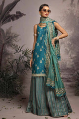 3 Piece Embroidered Gold and Lacquer Printed Lawn Suit with Cotton Net Dupatta CN-32023