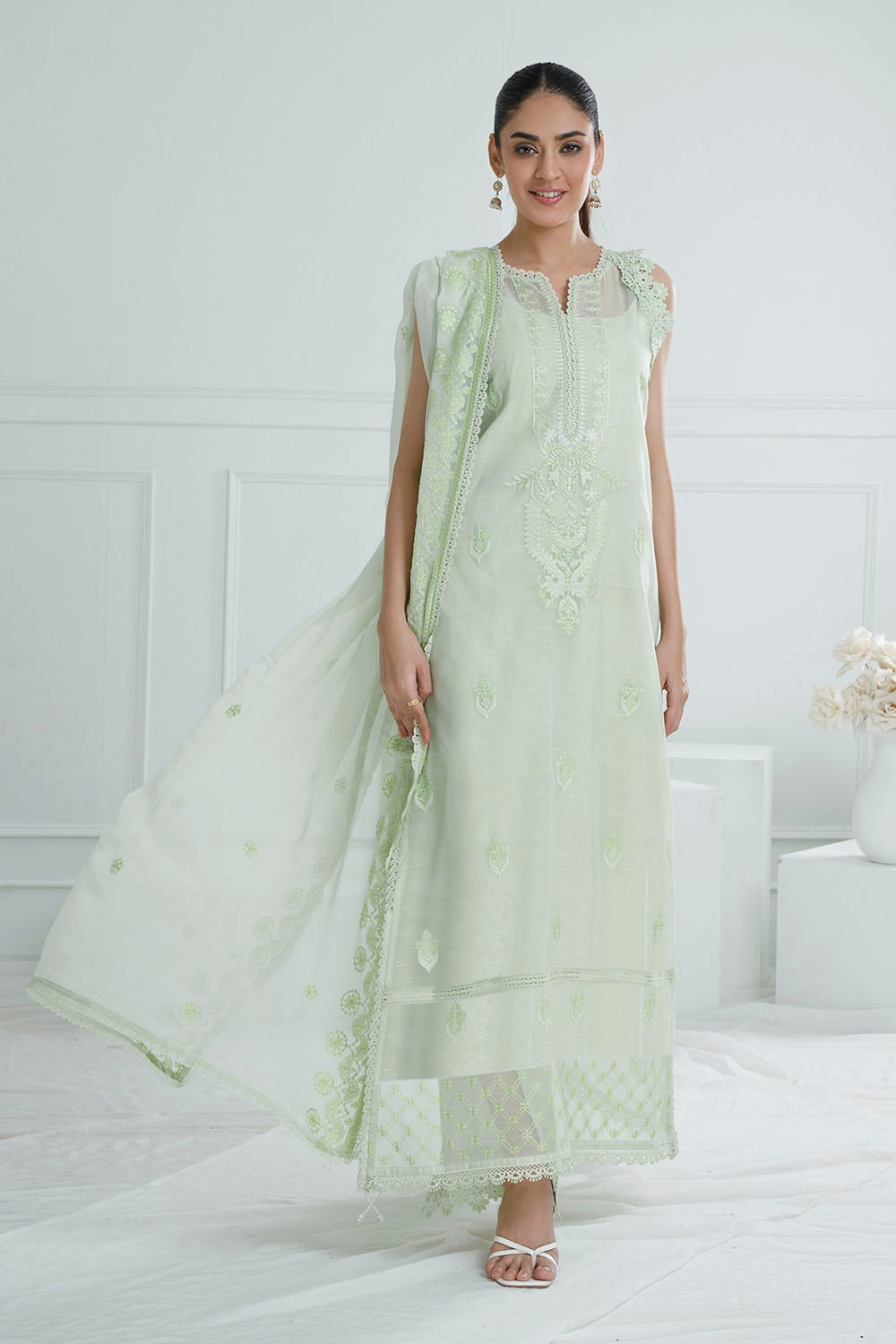 3 Piece Unstitched Embroidered Paper Cotton Suit with Embroidered Chiffon Dupatta PM-52030