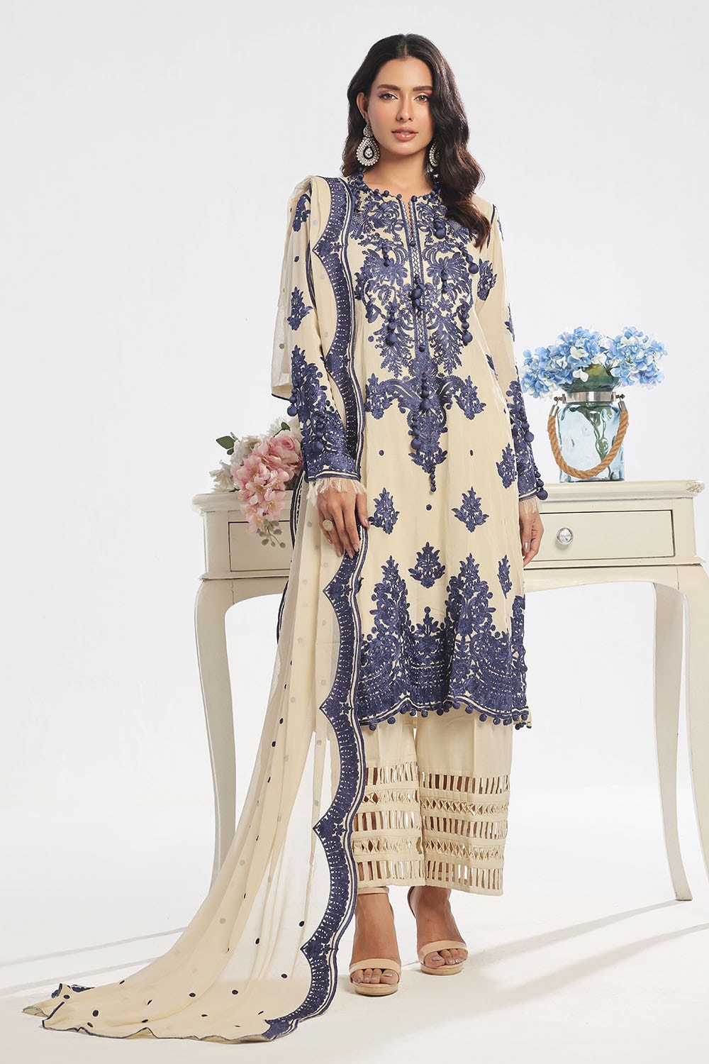 3 Piece Unstitched Embroidered Swiss Voile Suit with Embroidered Chiffon Dupatta LSV-52020