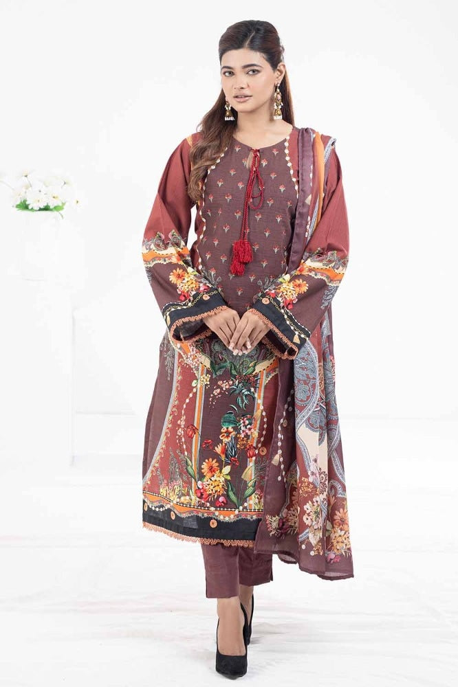 3 Piece Printed Khaddar Unstitched Suit with Linen Dupatta WRF-32013