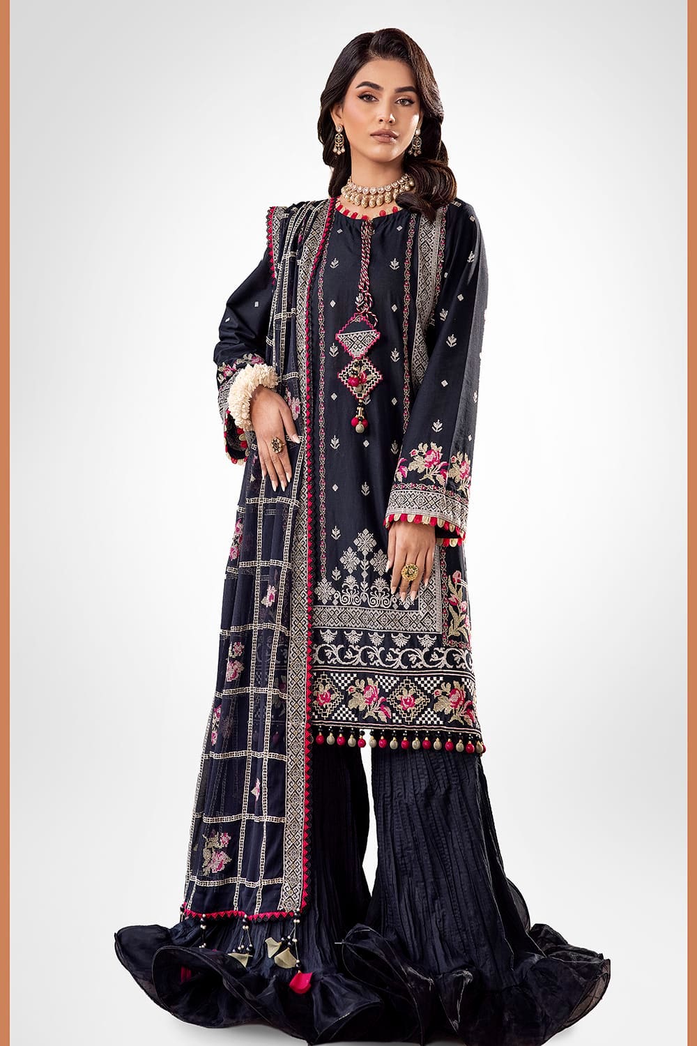 3 Piece Zari Embroidered Lawn Unstitched Suit with Embroidered Chiffon Dupatta FE-42031