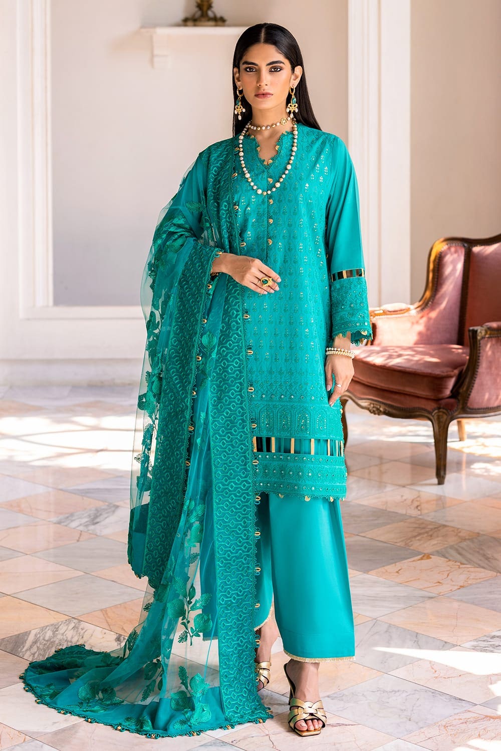 3 Piece Embroidered Lawn Unstitched Suit with Embroidered Net Dupatta FE-42038