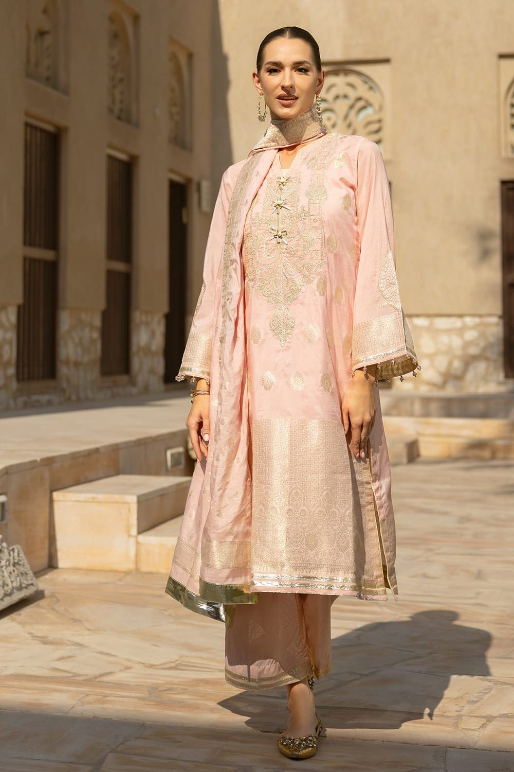 3 Piece Embroidered Jacquard Unstitched Suit with Jacquard Dupatta FE-42058