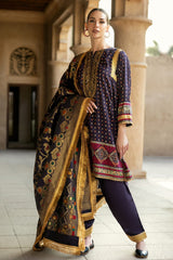 3 Piece Gold and Lacquer Printed Raw Silk Unstitched Suit with Jacquard Dupatta FE-42079