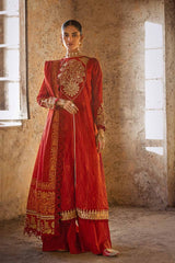 3 Piece Embroidered Lacquer Printed Zari Stripe Unstitched Suit with Gold & Lacquer Printed Mehsuri Dupatta with Embroidered Mehsuri Border FE-32088