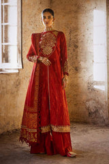3 Piece Embroidered Lacquer Printed Zari Stripe Unstitched Suit with Gold & Lacquer Printed Mehsuri Dupatta with Embroidered Mehsuri Border FE-32088