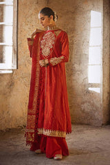 3 Piece Embroidered Lacquer Printed Zari Stripe Unstitched Suit with Gold & Lacquer Printed Mehsuri Dupatta with Embroidered Mehsuri Border FE-32088