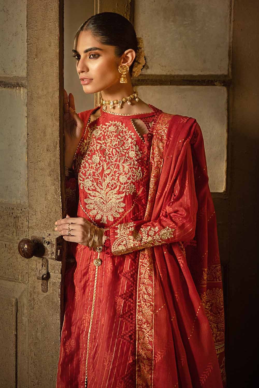 3 Piece Embroidered Lacquer Printed Zari Stripe Unstitched Suit with Gold & Lacquer Printed Mehsuri Dupatta with Embroidered Mehsuri Border FE-32088