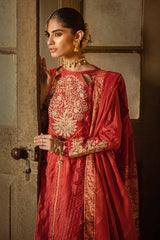 3 Piece Embroidered Lacquer Printed Zari Stripe Unstitched Suit with Gold & Lacquer Printed Mehsuri Dupatta with Embroidered Mehsuri Border FE-32088