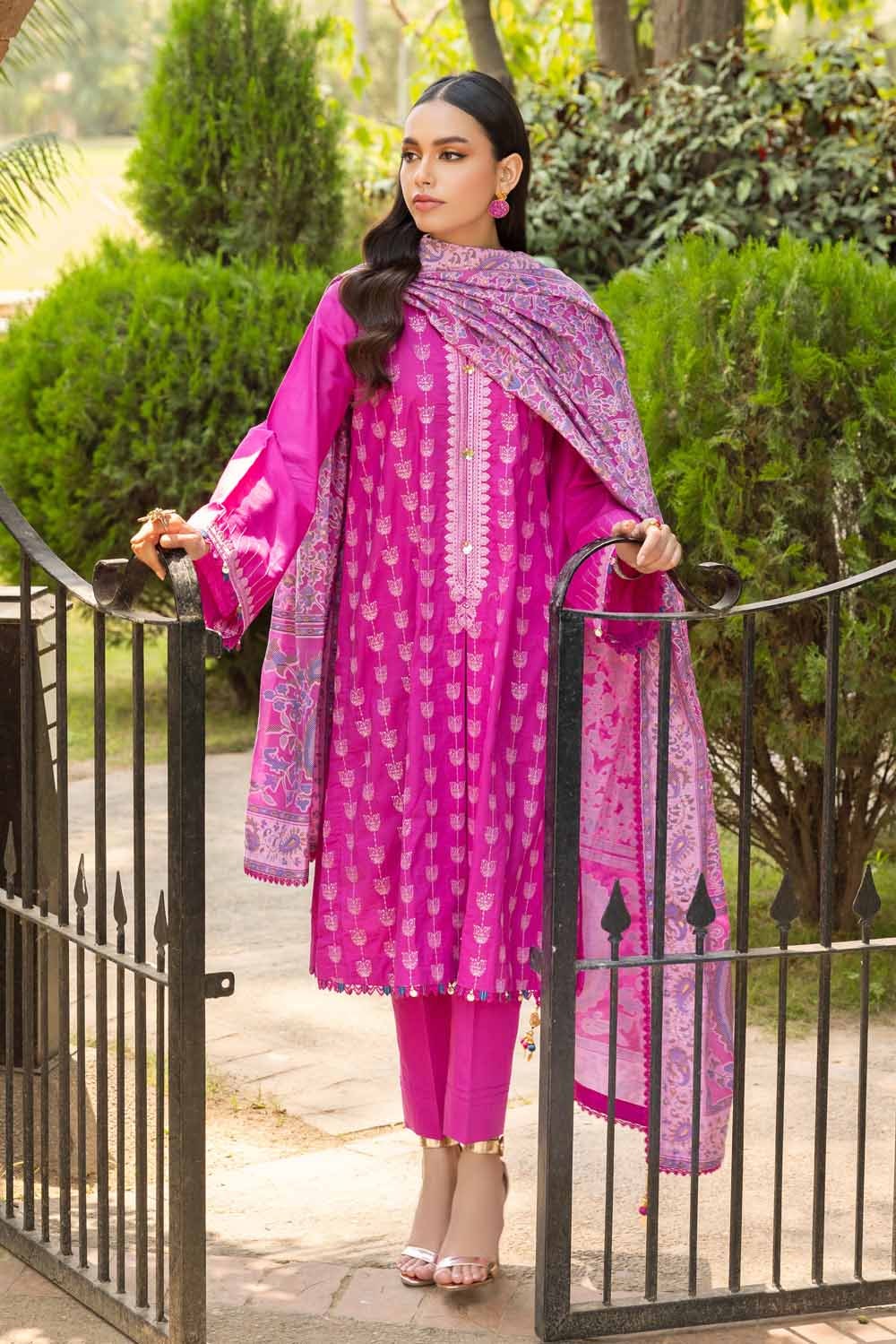 3 Piece Embroidered Cambric Unstitched Suit with Printed Burnout Dupatta BN-32002