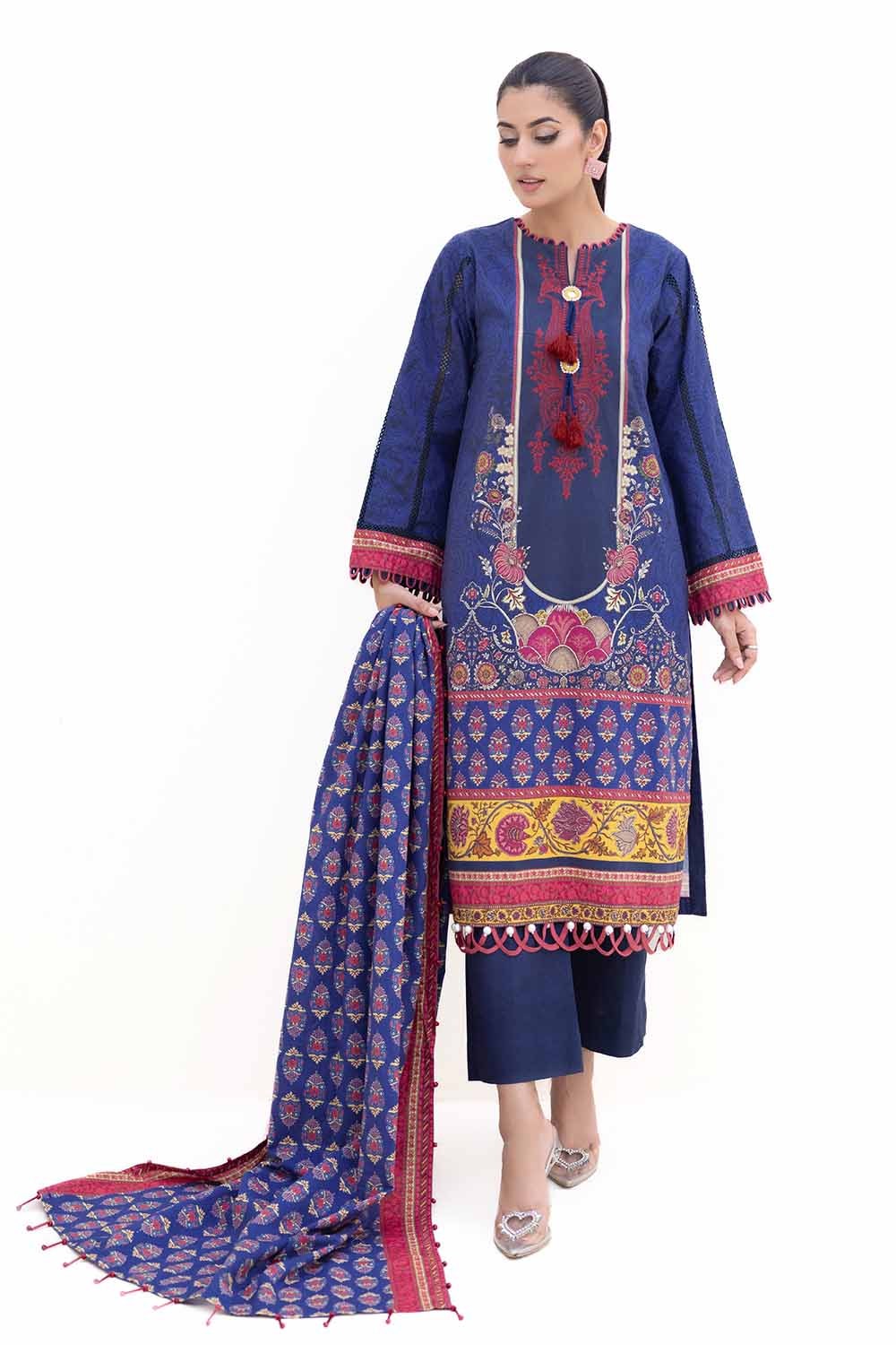 3 Piece Unstitched Embroidered Printed Light Khaddar Suit with Printed Khaddar Dupatta K-42018 L