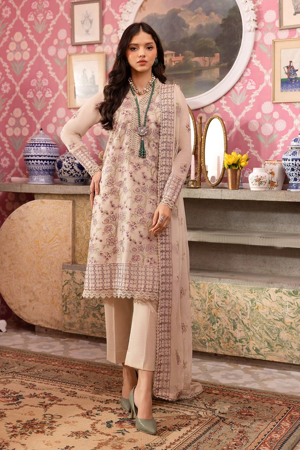 3 Piece Embroidered Swiss Voile Unstitched Suit with Embroidered Chiffon Dupatta and Inner LSV-42005