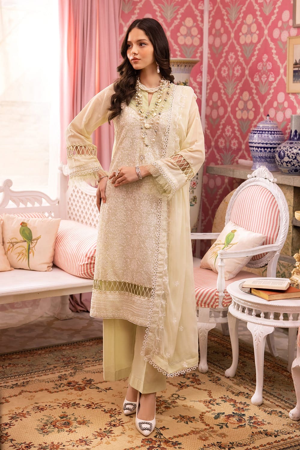 3 Piece Embroidered Swiss Voile Unstitched Suit with Embroidered Chiffon Dupatta and Inner LSV-42021