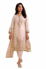 3 Piece Unstitched Embroidered Lawn Suit with Mirror Work Lacquer Printed Paper Cotton Dupatta  PC-42008