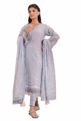 3 Piece Unstitched Embroidered Lawn Suit with Mirror Work Lacquer Printed Paper Cotton Dupatta  PC-42010