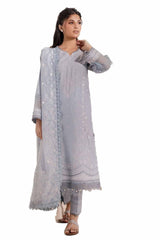 3 Piece Unstitched Embroidered Lawn Suit with Mirror Work Lacquer Printed Paper Cotton Dupatta  PC-42010