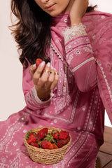 3 Piece Unstitched Embroidered Lawn Suit with Mirror Work Lacquer Printed Paper Cotton Dupatta  PC-42012