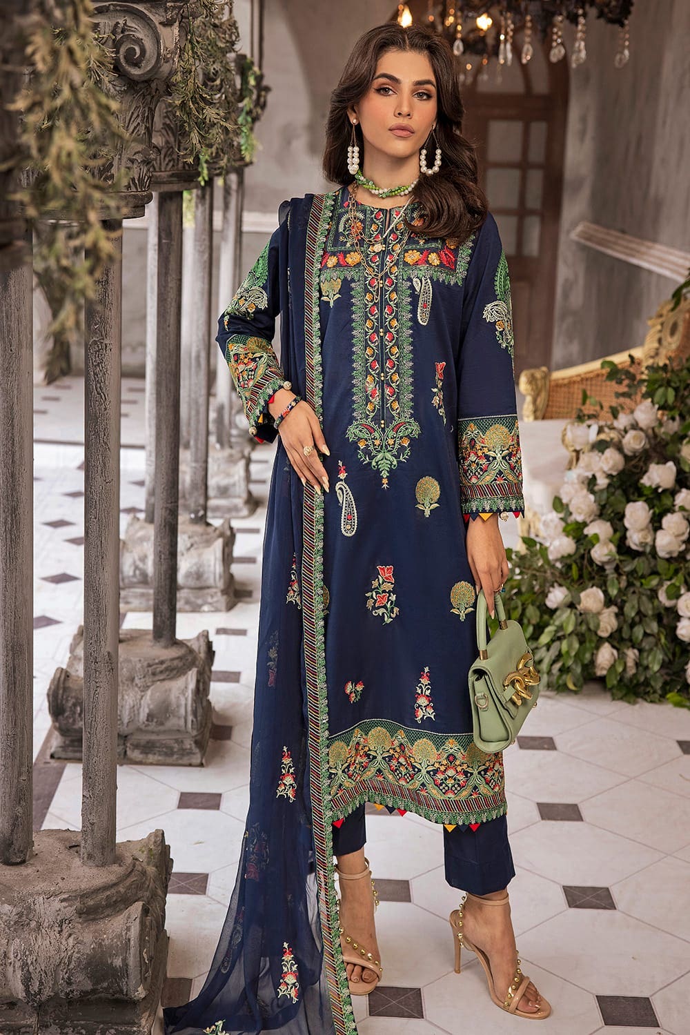 3 Piece Zari Embroidered Lawn Unstitched Suit with Zari Embroidered Chiffon Dupatta PM-42028