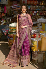 2 Piece Gold and Lacquer Printed Chiffon Unstitched Saree with Raw Silk Blouse PRS-42001