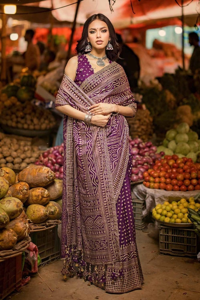 2 Piece Gold and Lacquer Printed Chiffon Unstitched Saree with Raw Silk Blouse PRS-42001
