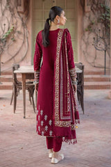 3 Piece Embroidered Gold & Lacquer Printed Khaddar Unstitched Suit with Gold & Lacquer Printed Pashmina Shawl AP-32074