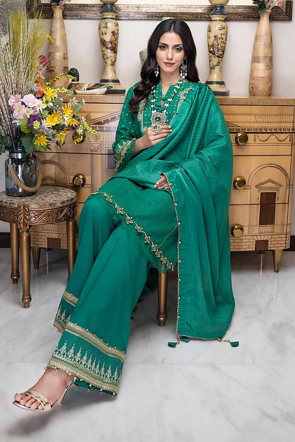 3 Piece Embroidered Stripe Lawn Unstitched Suit with Jacquard Dupatta  FE-32090