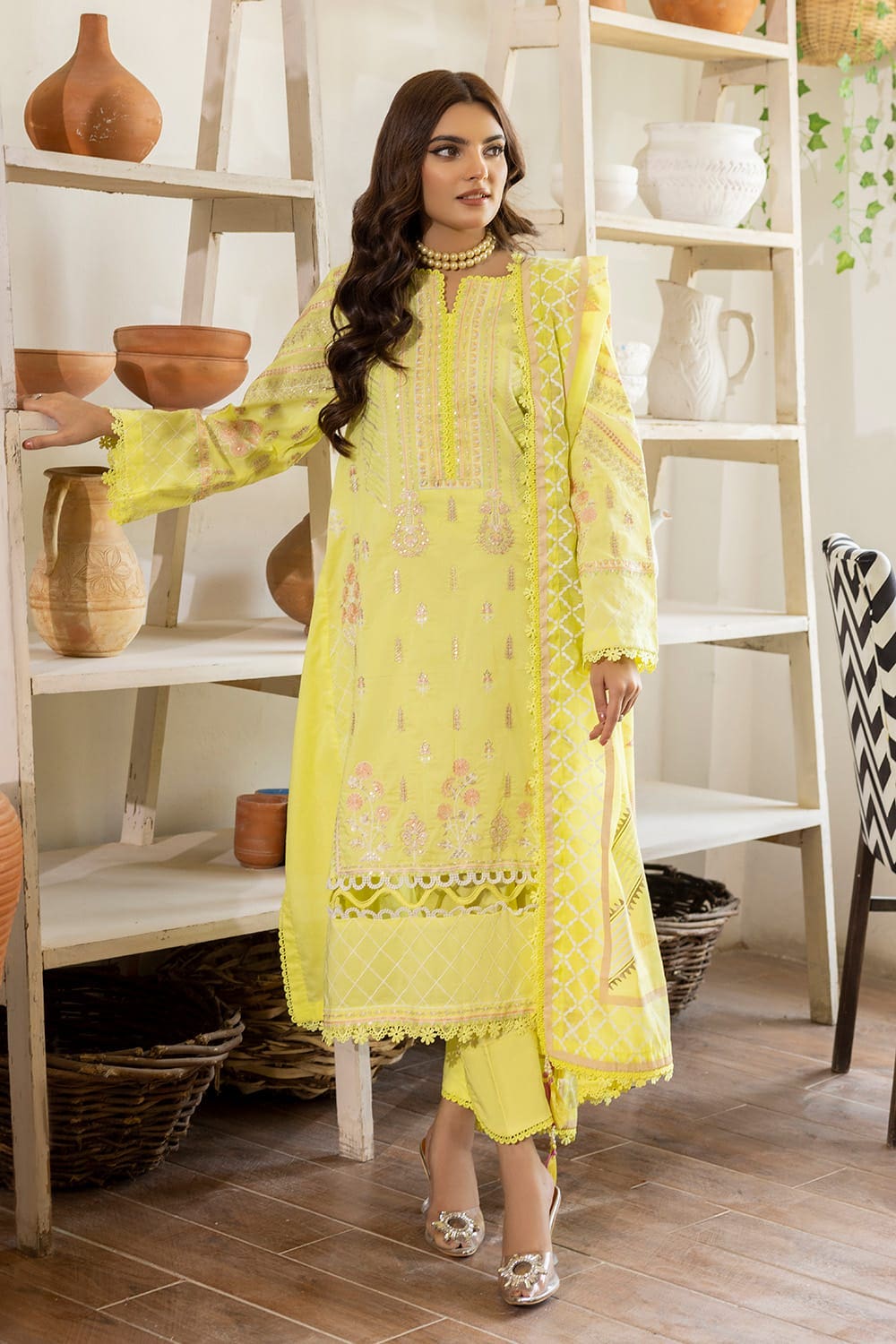 3 Piece Embroidered Lawn Unstitched Suit with Gold and Lacquer Printed Paper Cotton Dupatta SP-32003