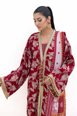 3 Piece Unstitched Gold Printed Polyestor Suit with Printed Sequins Stripe Dupatta  SP-42046