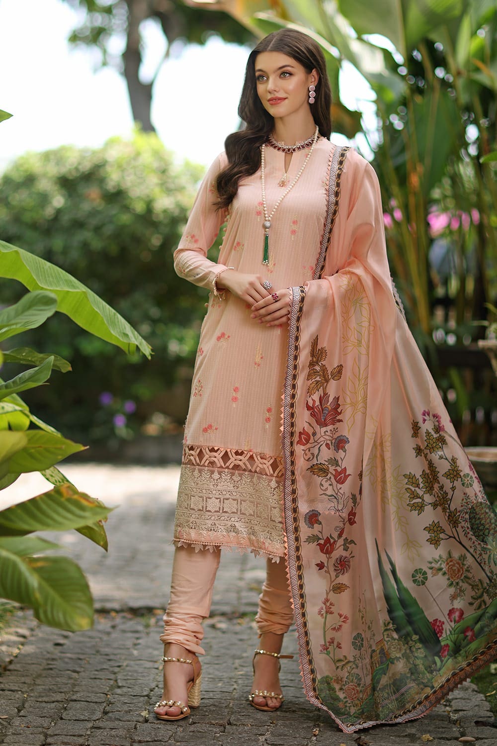 3 Piece Embroidered Dobby Unstitched Suit with Digital Printed Tissue Silk Dupatta SSM-42003