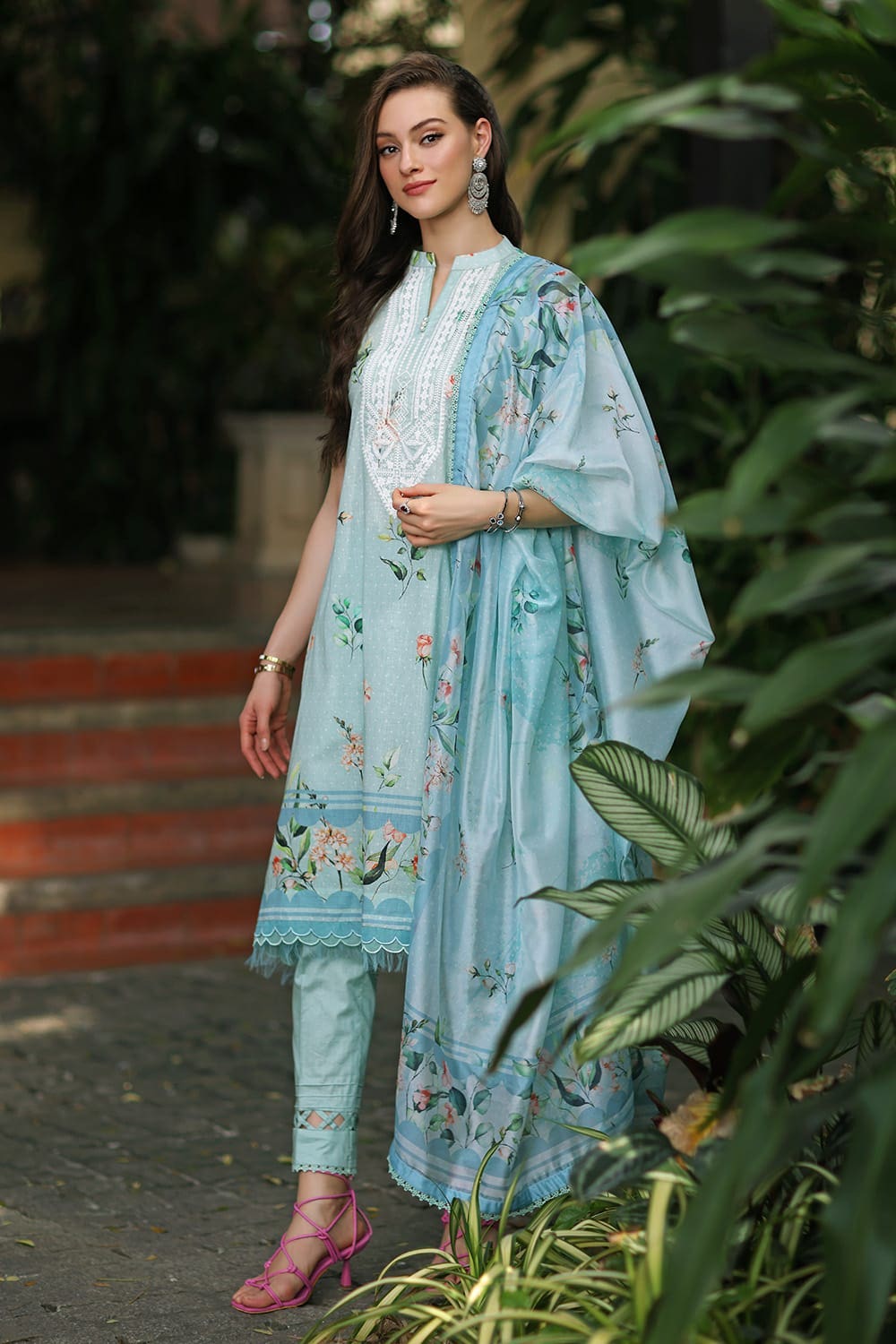 3 Piece Digital Printed Embroidered Lawn Unstitched Suit with Digital Print Tissue Silk Dupatta SSM-42009