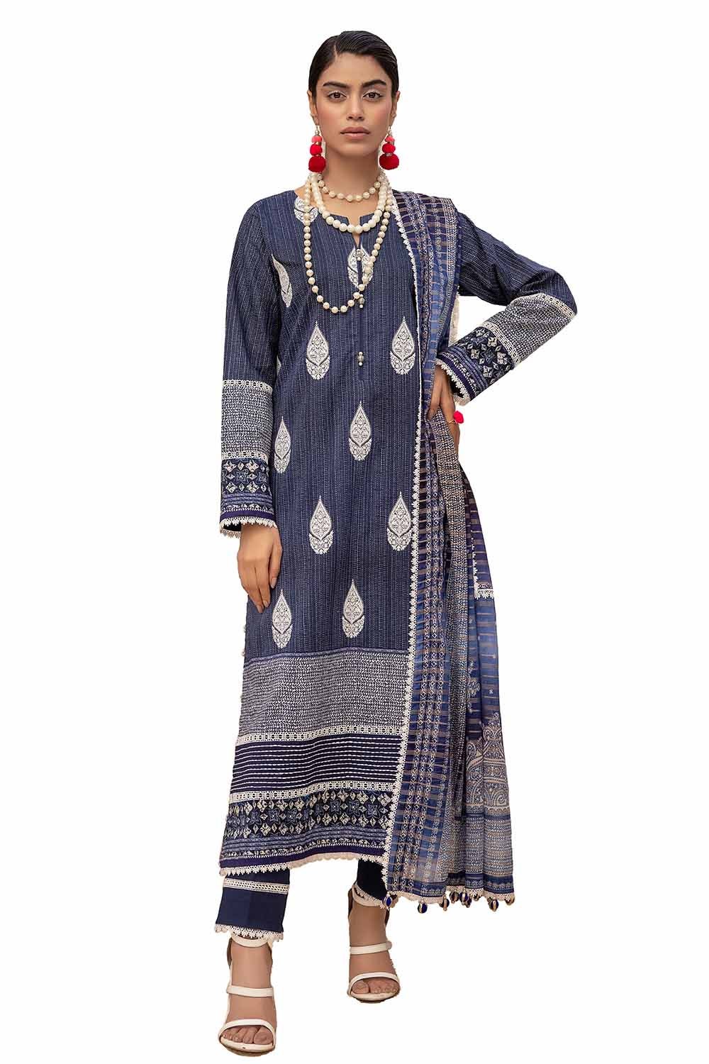 3 Piece Unstitched Embroidered Printed Lawn Suit with Zari Stripe Dupatta  ST-42007