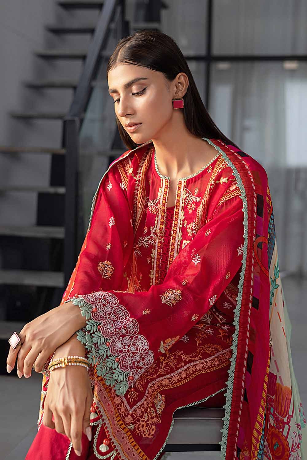 3 Piece Embroidered Net Unstitched Suit with Digital Printed Silk Dupatta SSM-32006
