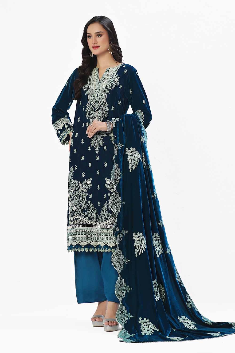 3 Piece Unstitched Embroidered Velvet Suit with Embroidered Velvet Dupatta WV-42004