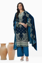 3 Piece Unstitched Embroidered Velvet Suit with Embroidered Velvet Dupatta WV-42004